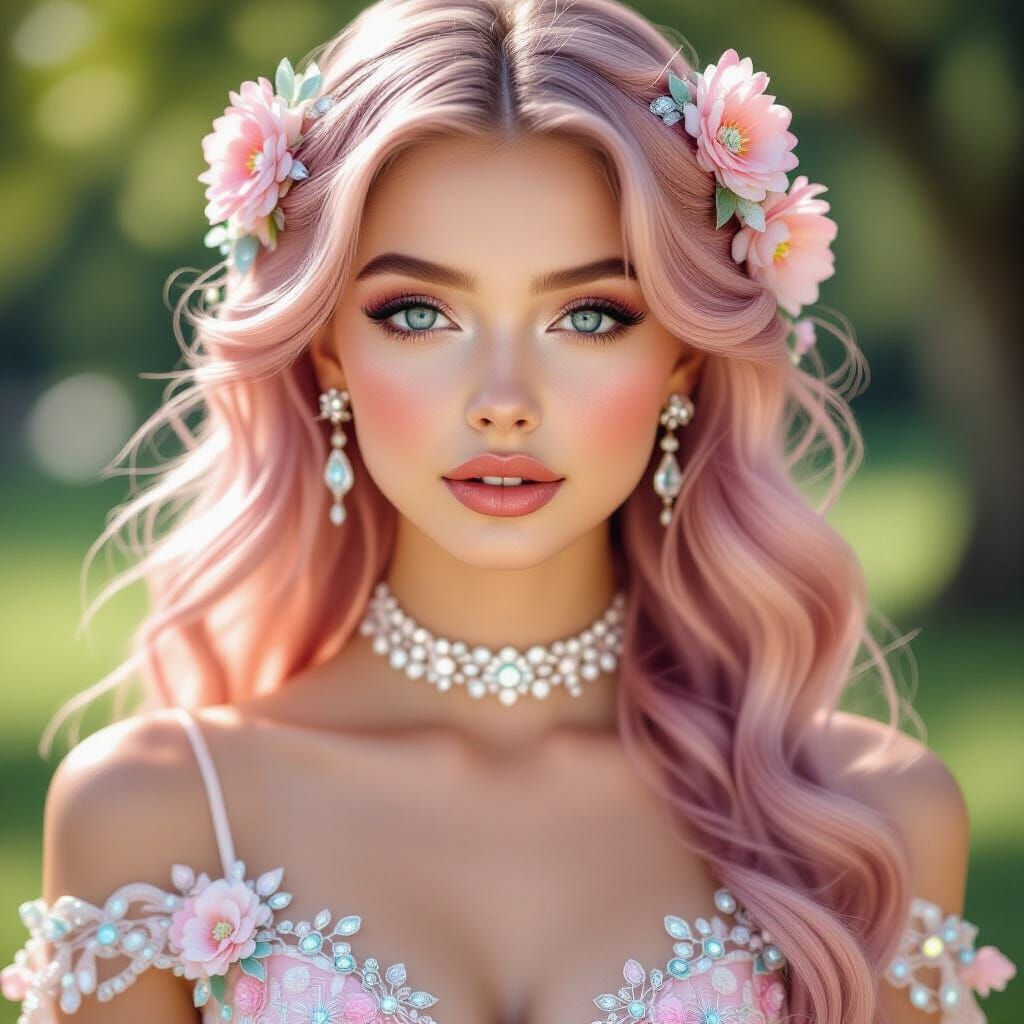 Pastel Woman in Floral Adornments: Photorealistic Style