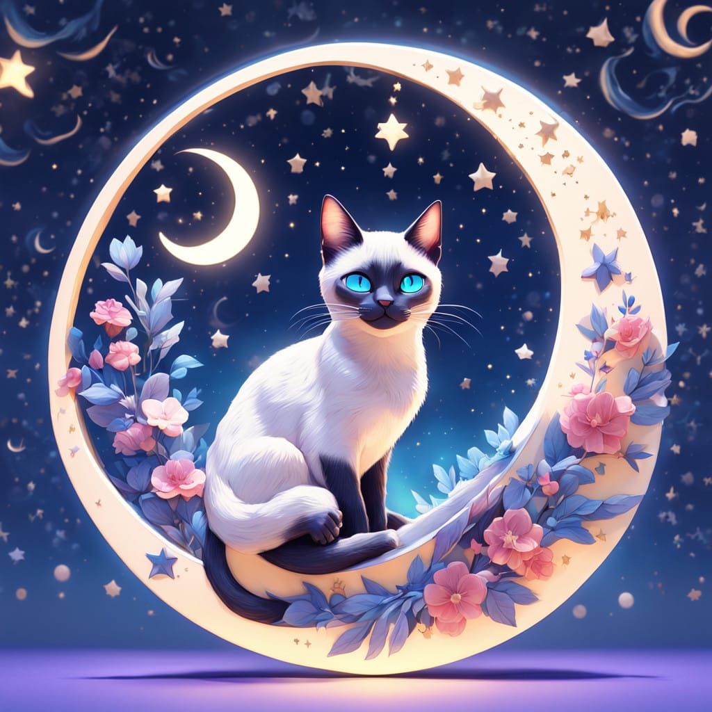 Whimsical Siamese Cat in Celestial Oasis