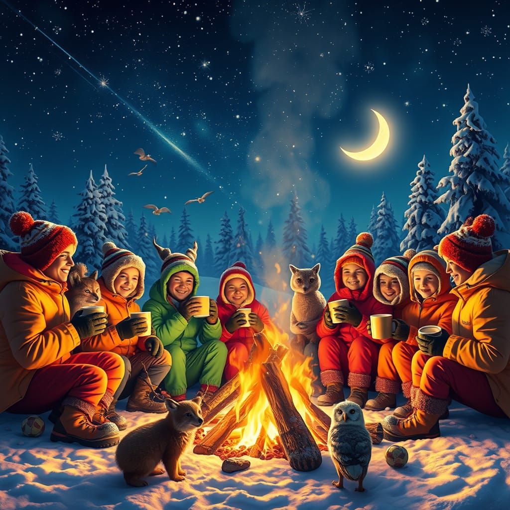 Winter Wonderland Campers Gather Around a Roaring Campfire