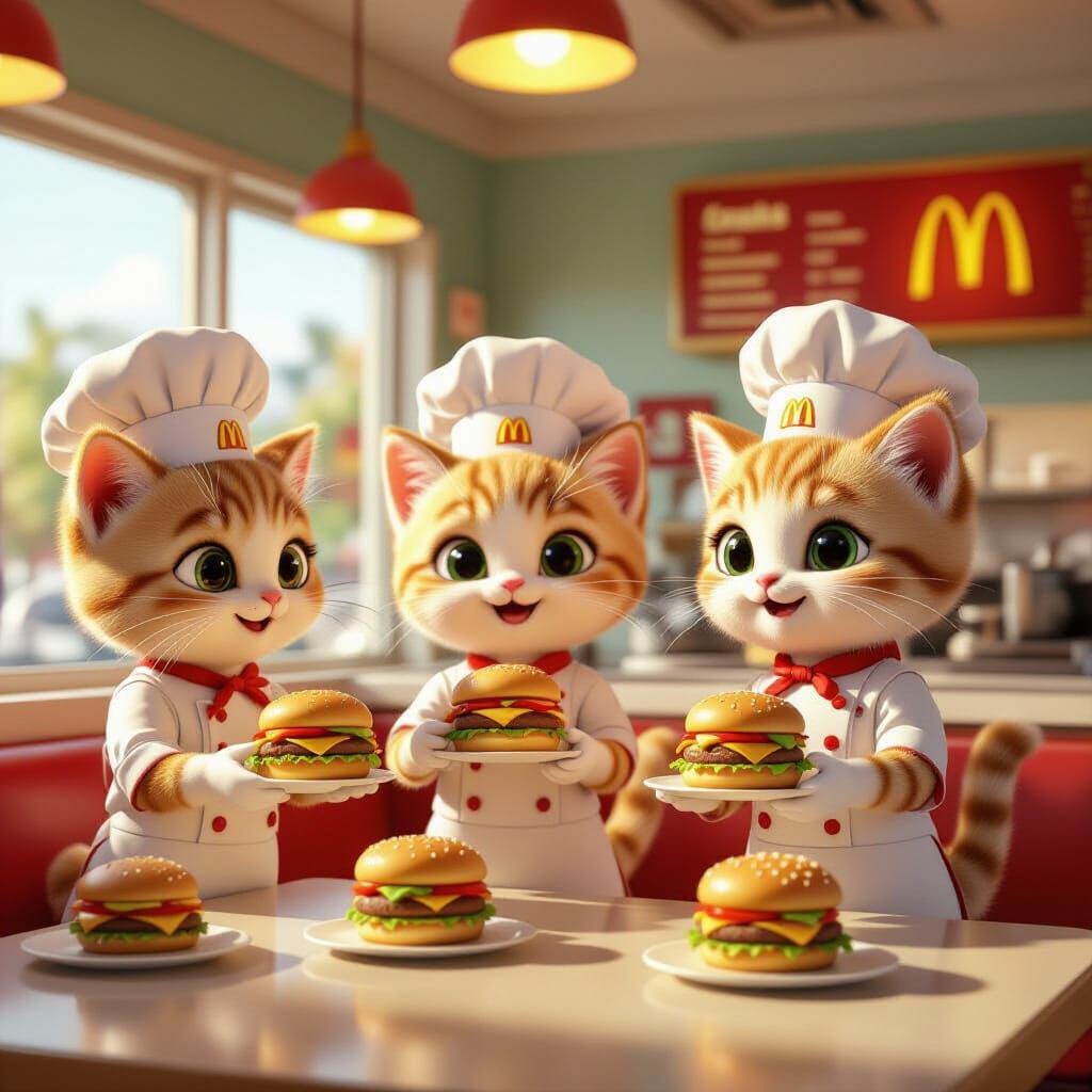 Cute Cat Chefs Serve Cheeseburgers in a Vibrant McDonald's
