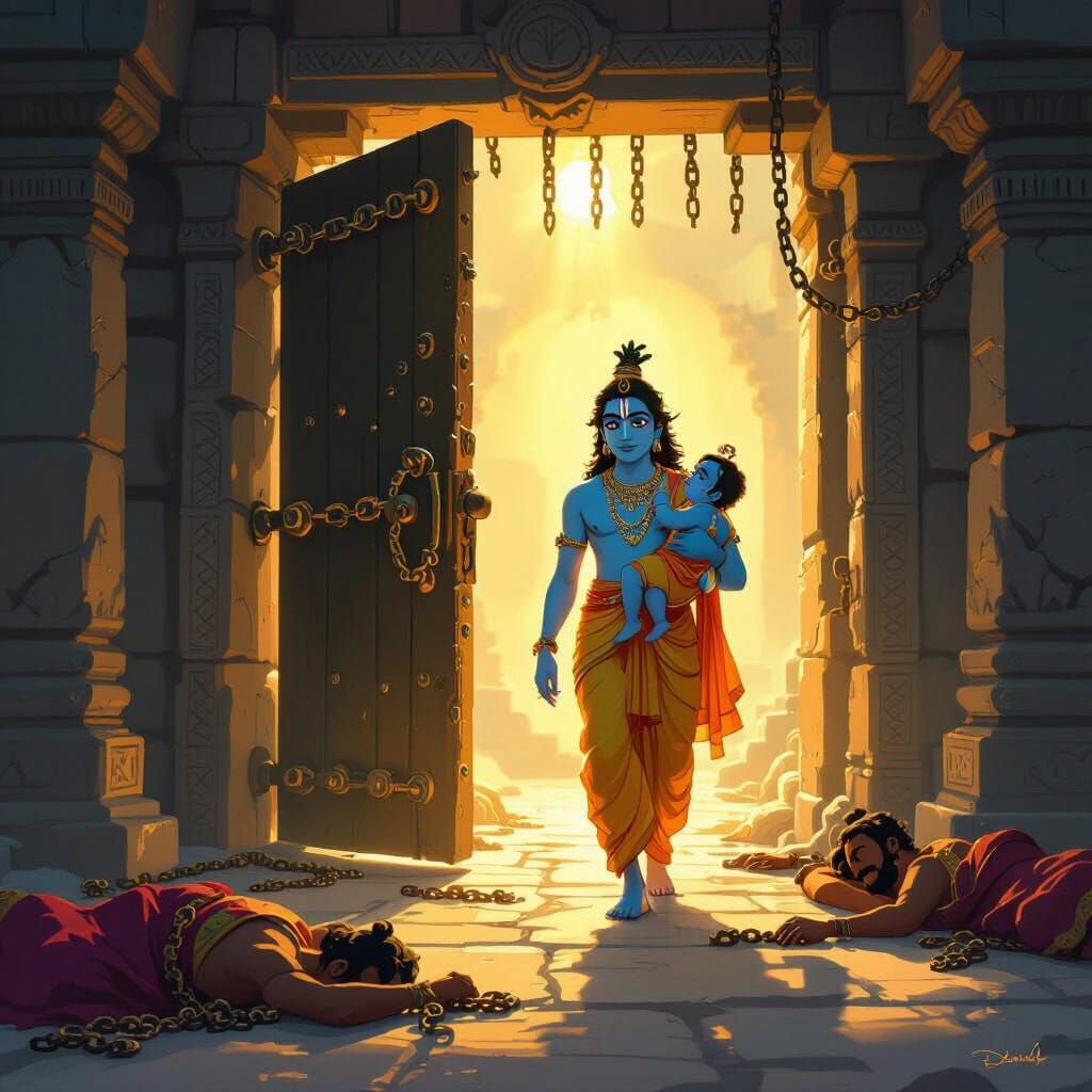 Vasudeva and Krishna Escape in Cartoon Style