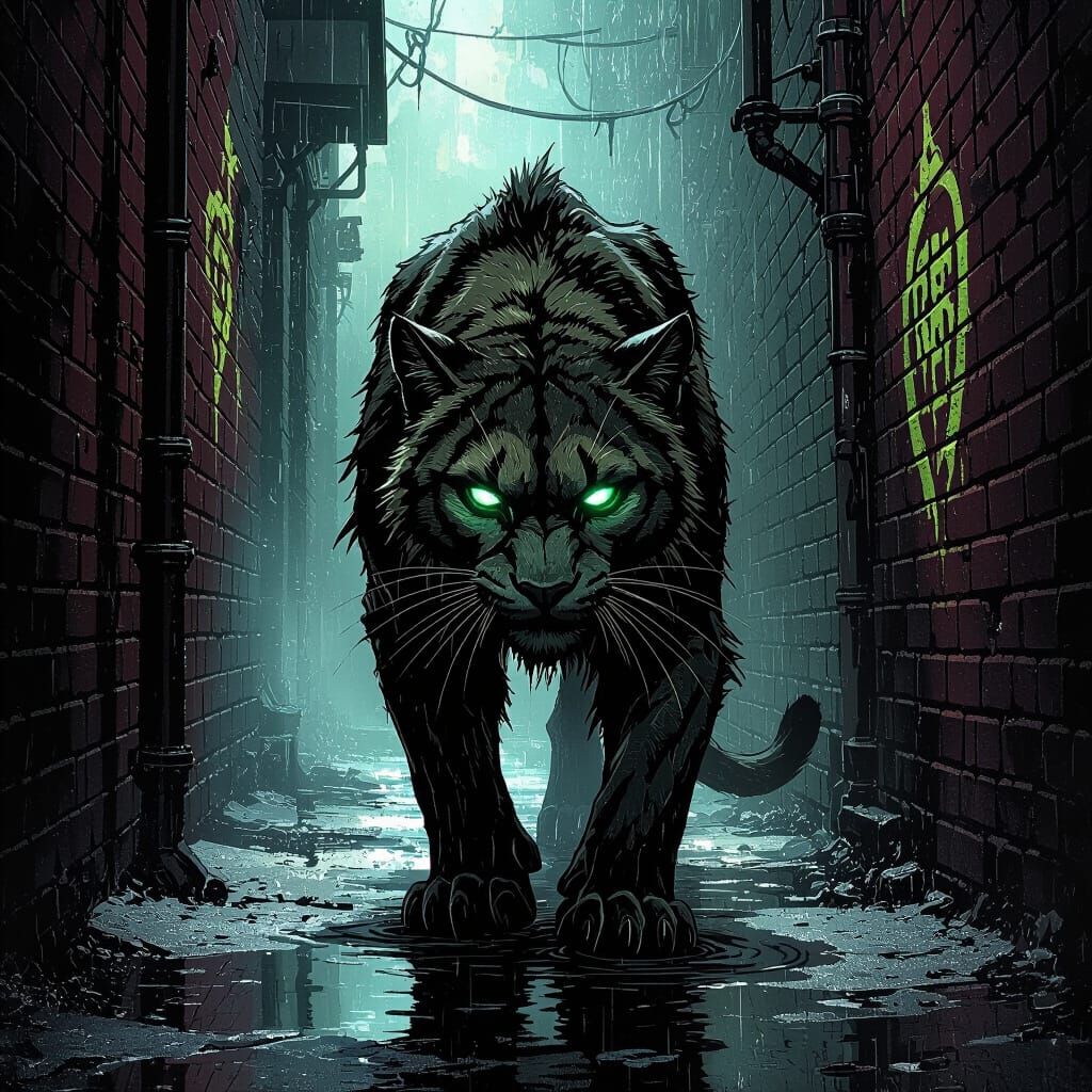 Grizzled Mountain Lion in Dark Fantasy Alleyway