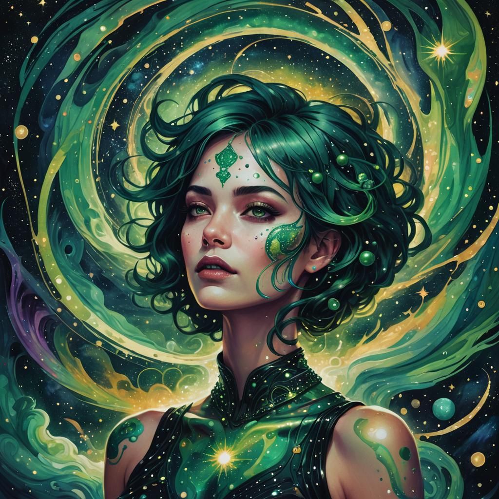 Woman with Green Hair in Astral Dreamscape
