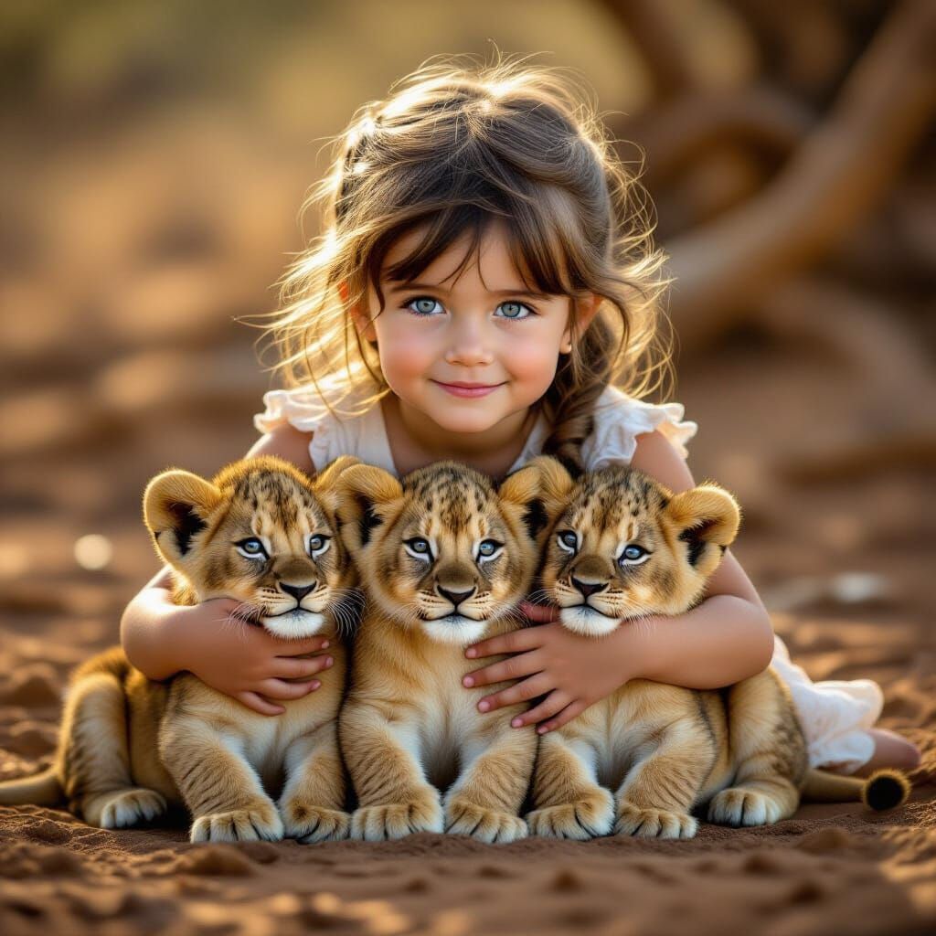 Girl Cradling Lion Cubs in Cinematic Lighting