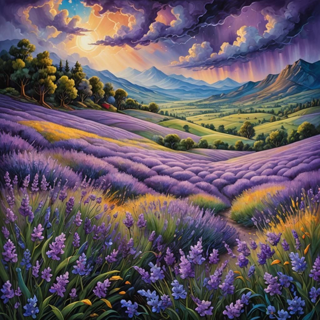 Lavender Fields Oil Painting with Stormy Sky