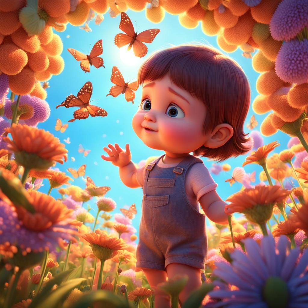 Cute Baby Girl with Flowers in 3D Style