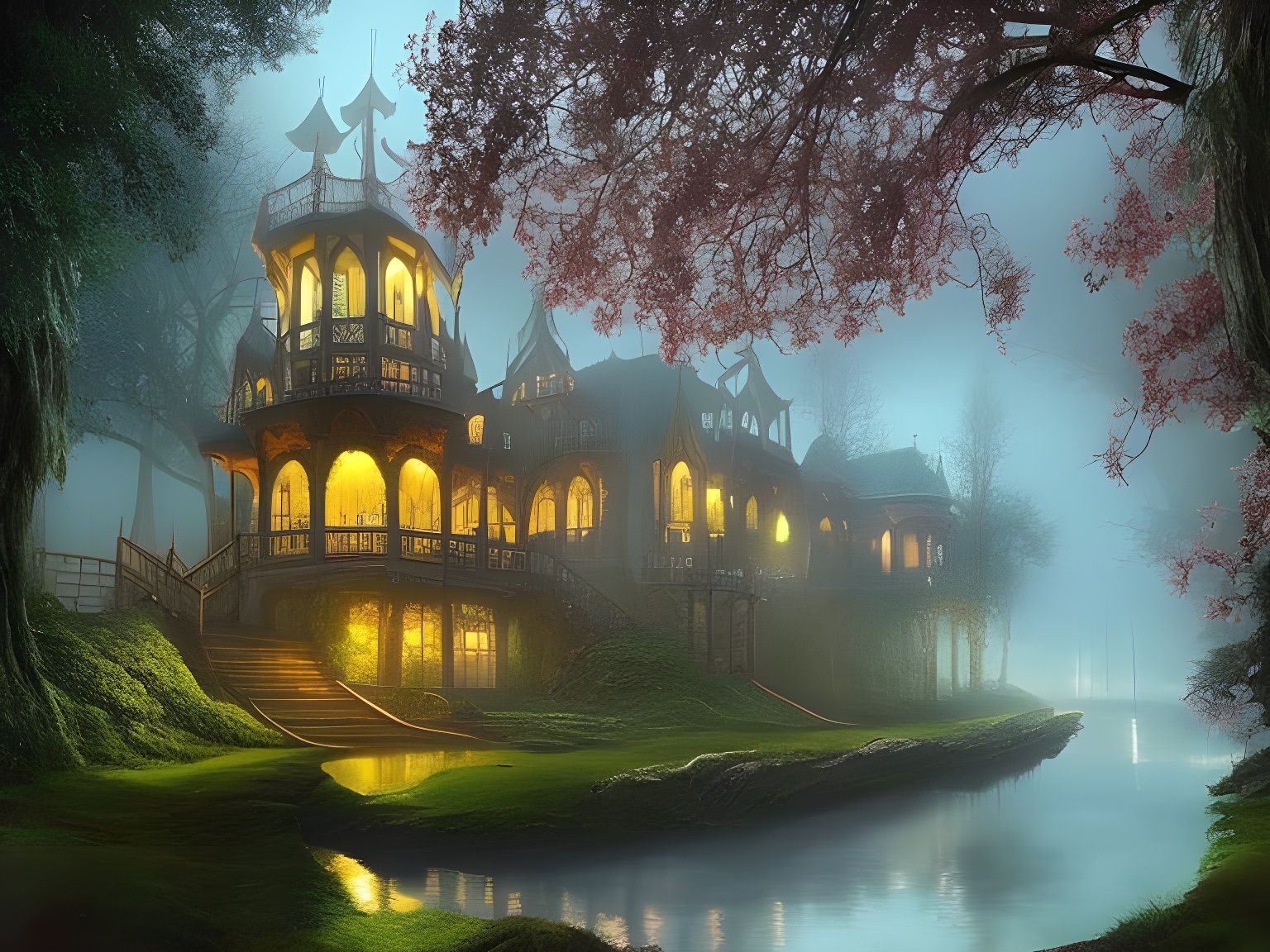 Foggy Moonlit River: A Fairytale Architecture Scene