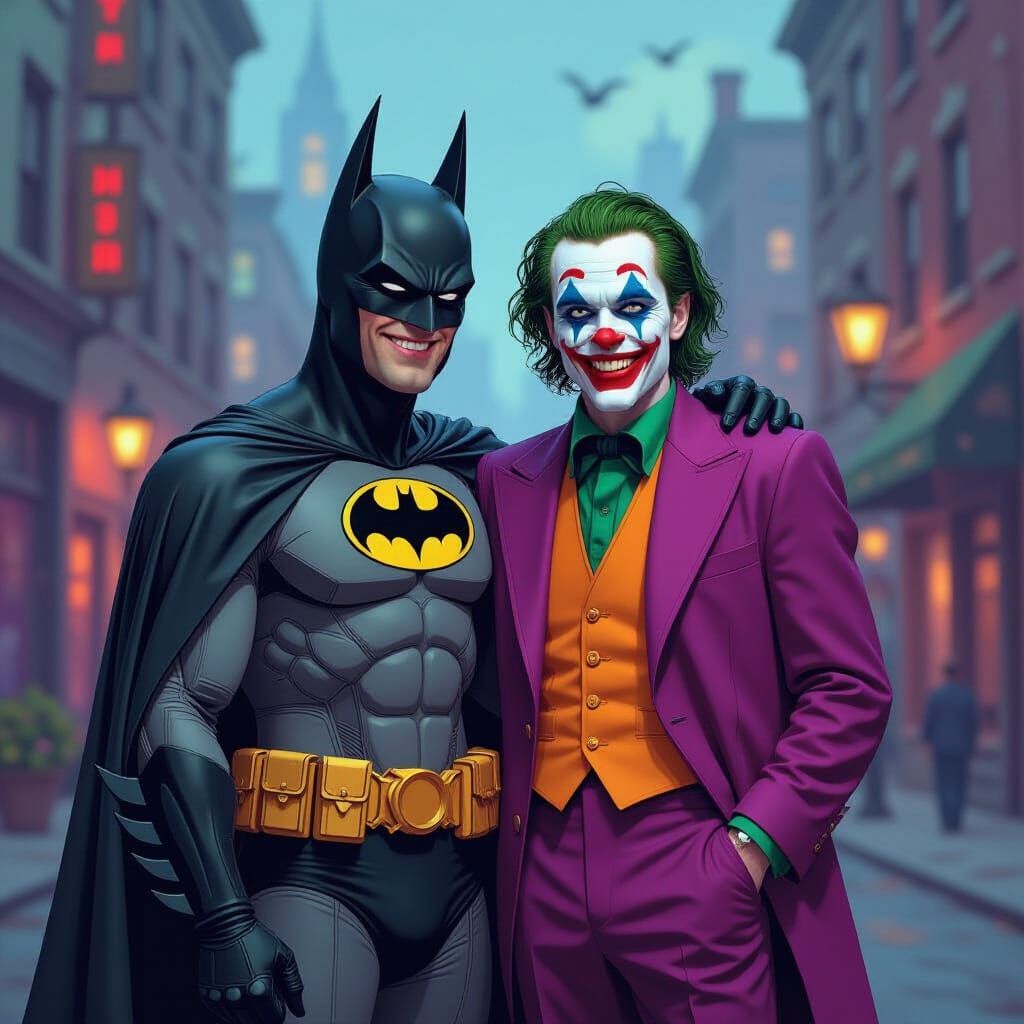 Batman and Joker Stand Together in Dreamlike Gotham City