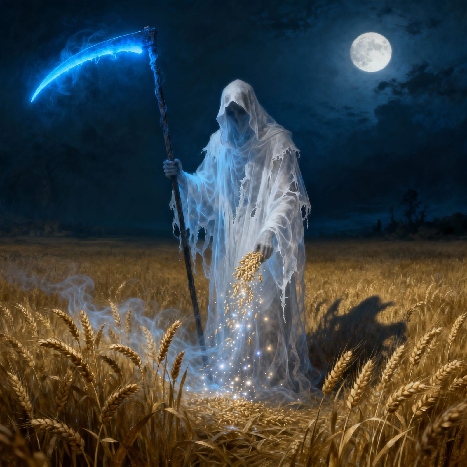 Ethereal Reaper in Moonlit Wheat Field