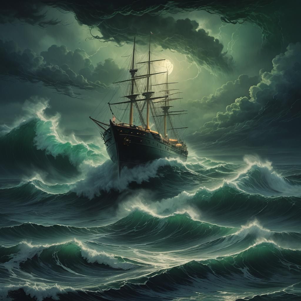 Yacht Emerges from Stormy Night in Dark Surrealism