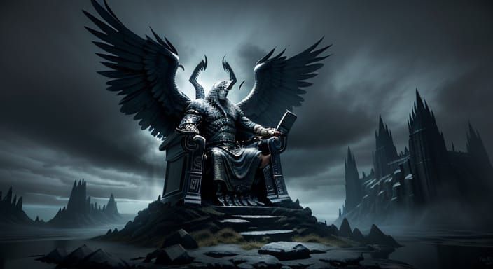 Majestic Odin Surrounded by Ravens in a Dark Norse Landscape