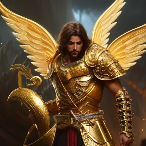 Intimidating Male Angel Warrior in Gold Armor