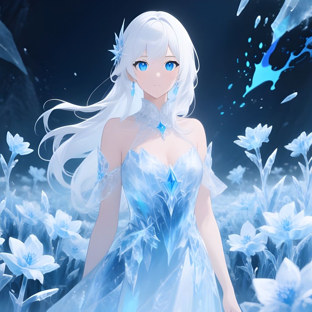 Anime Woman in Icy Dress Amidst Fantastical Flowers