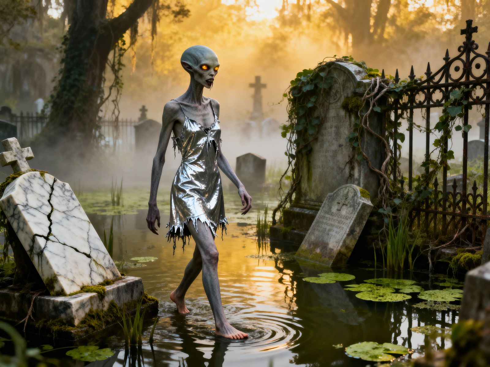 Alien Vampire Zombie Woman in Misty Swamp Cemetery