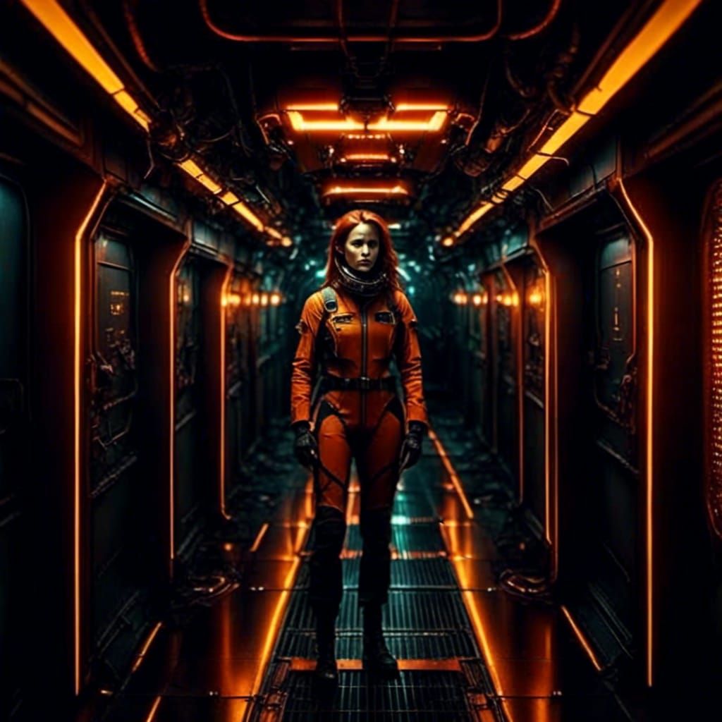 Female Astronaut in Spaceship Corridor with Neon Lights