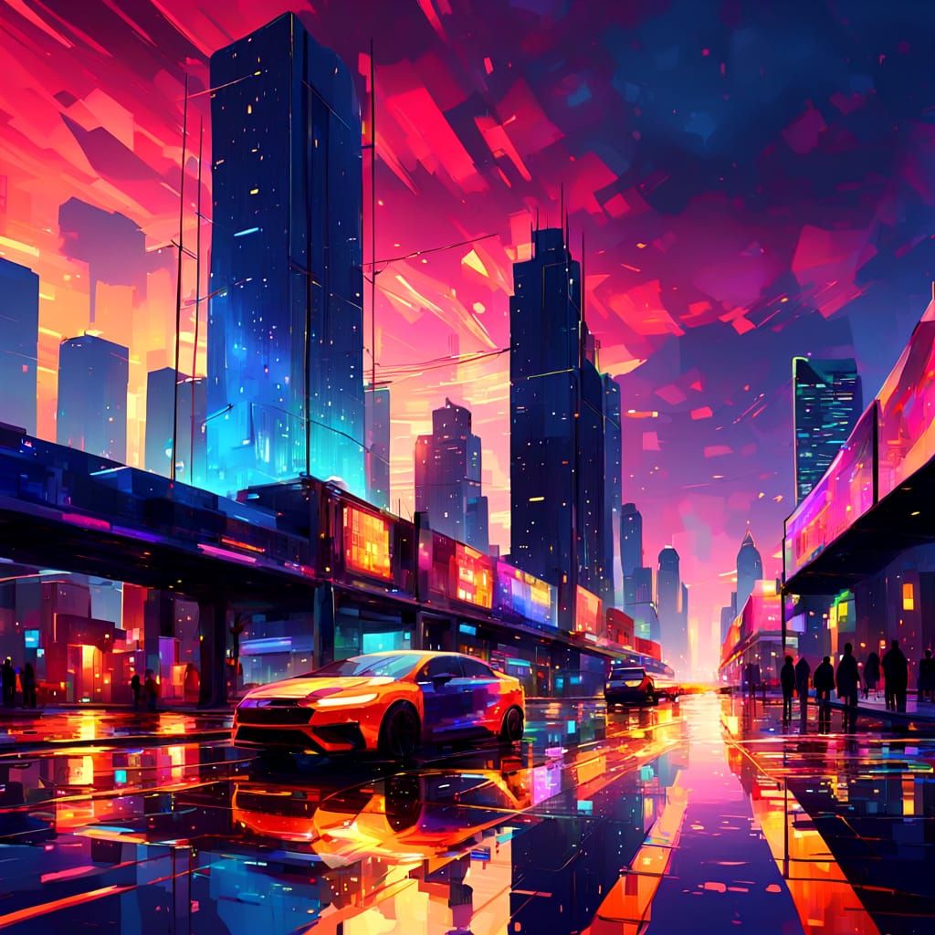 Futuristic Cityscape at Sunset in Digital Painting Style