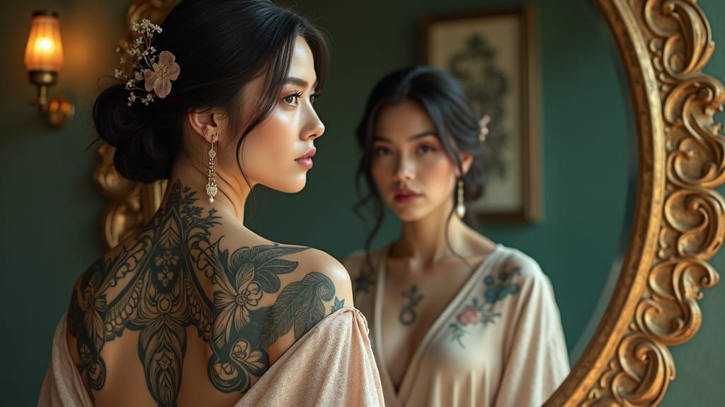 Ethereal Tattoo Art on Woman in Sfumato Style