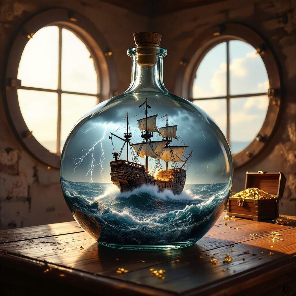 Epic Storm Inside a Galleon Ship in a Bottle