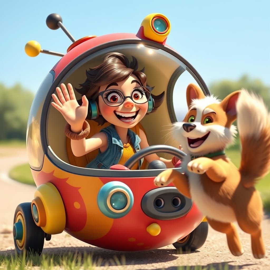 A brightly animated, Pixar-style shot. A bubbly and joyful i...