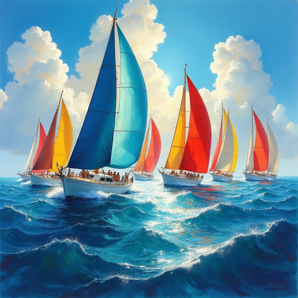 Sailboat Fleet Races on a Sunny Sea