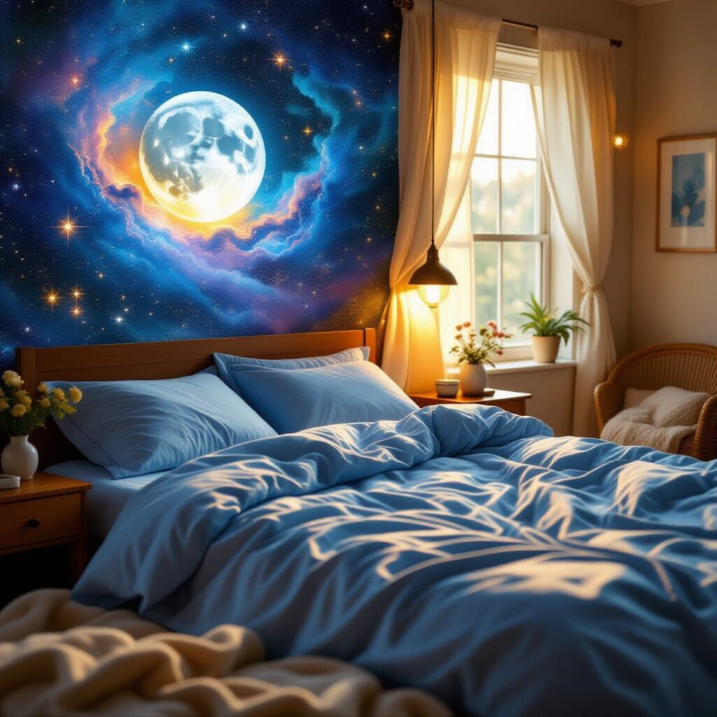 Surreal Bed Between Galaxy Dreamscape and Sunny Bedroom