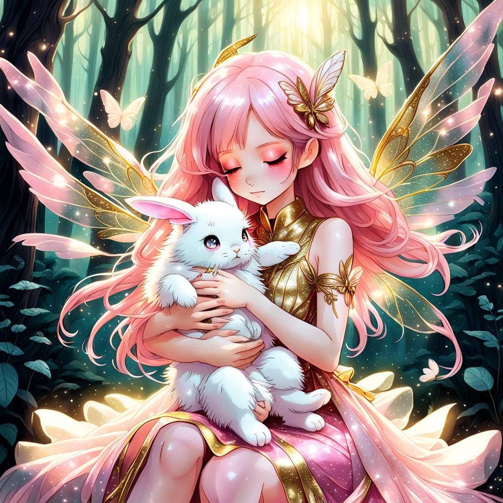 Fairy with Bunny in Magical Forest, Anime Style