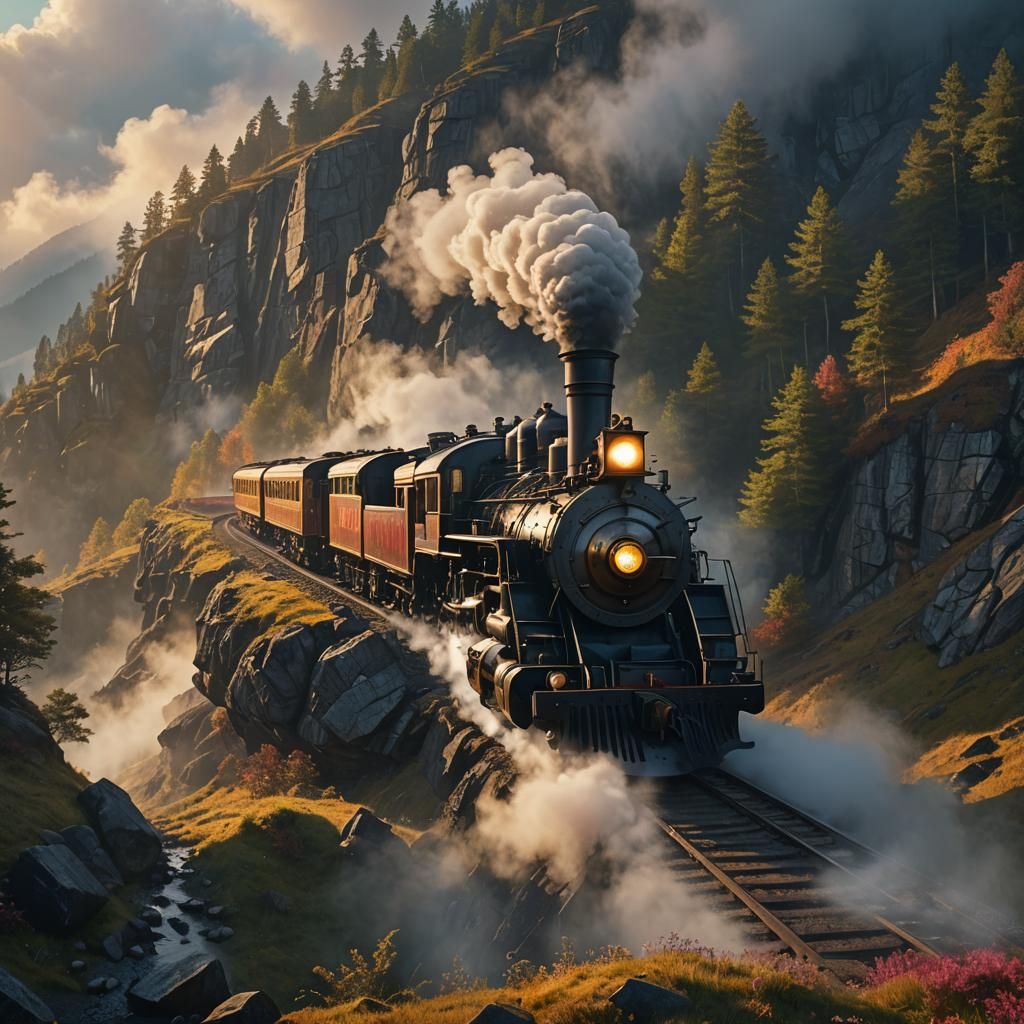 Steam Train Ascending Misty Mountains at Sunrise