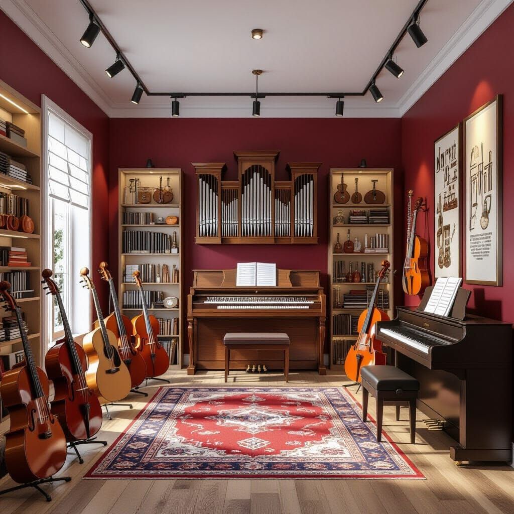 Realistic Music Store Interior with Soundproof Testing Room