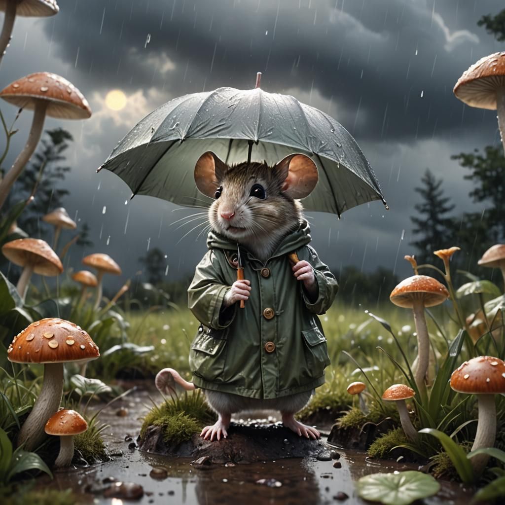 Mouse and Snail in Rainy Scene: Realistic Digital Art