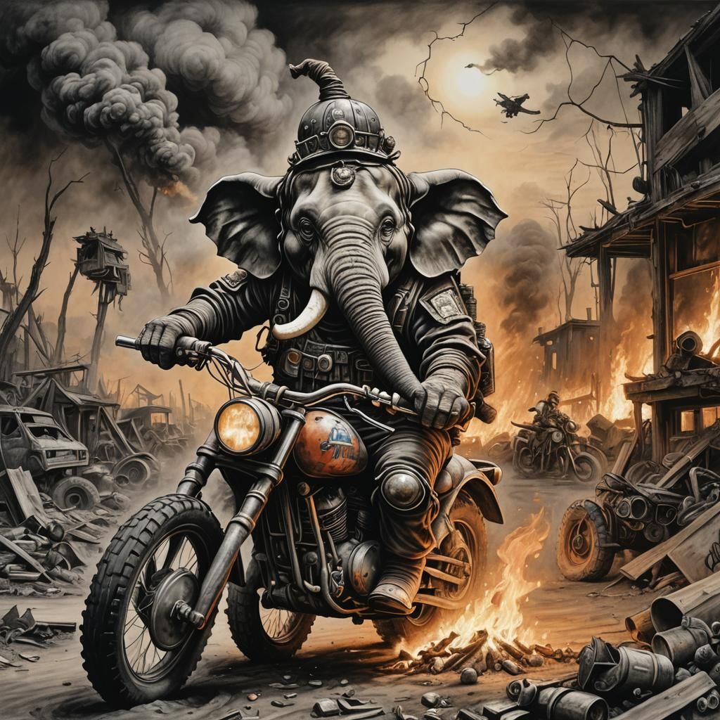 Post-Apocalyptic Junk Elephant and Clown in Charcoal