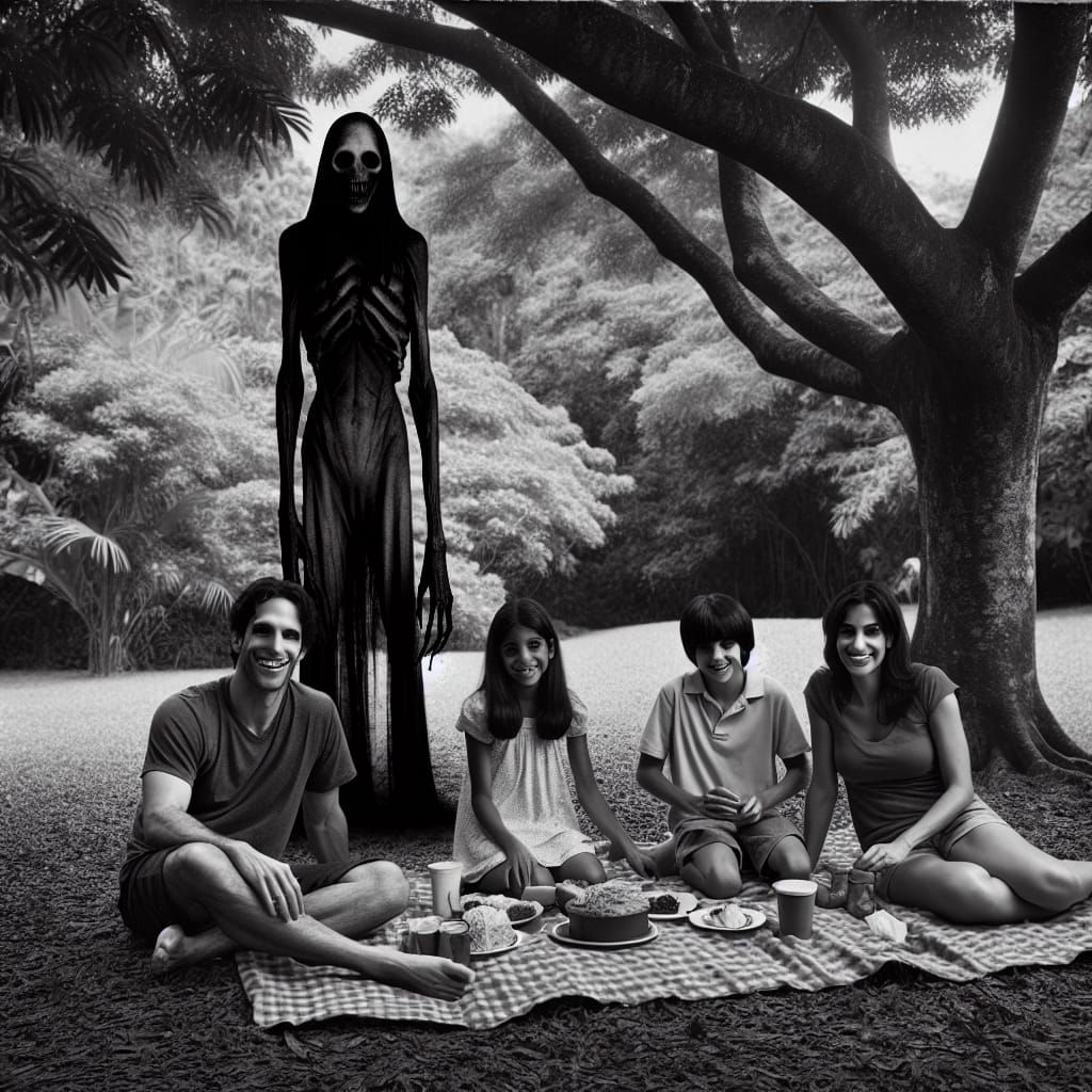 Family Picnic in Dark Surrealist Art Style