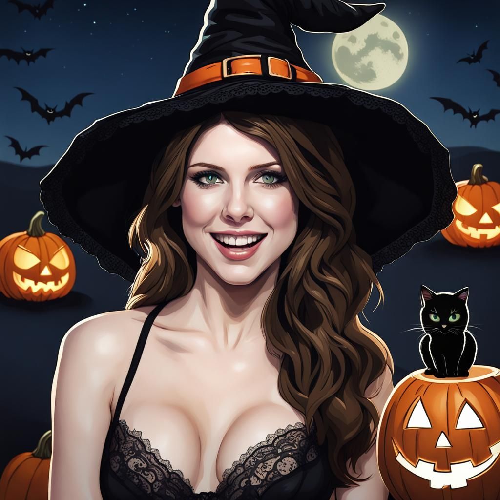 Laughing Witch Portrait with Cat and Jack-o-Lantern