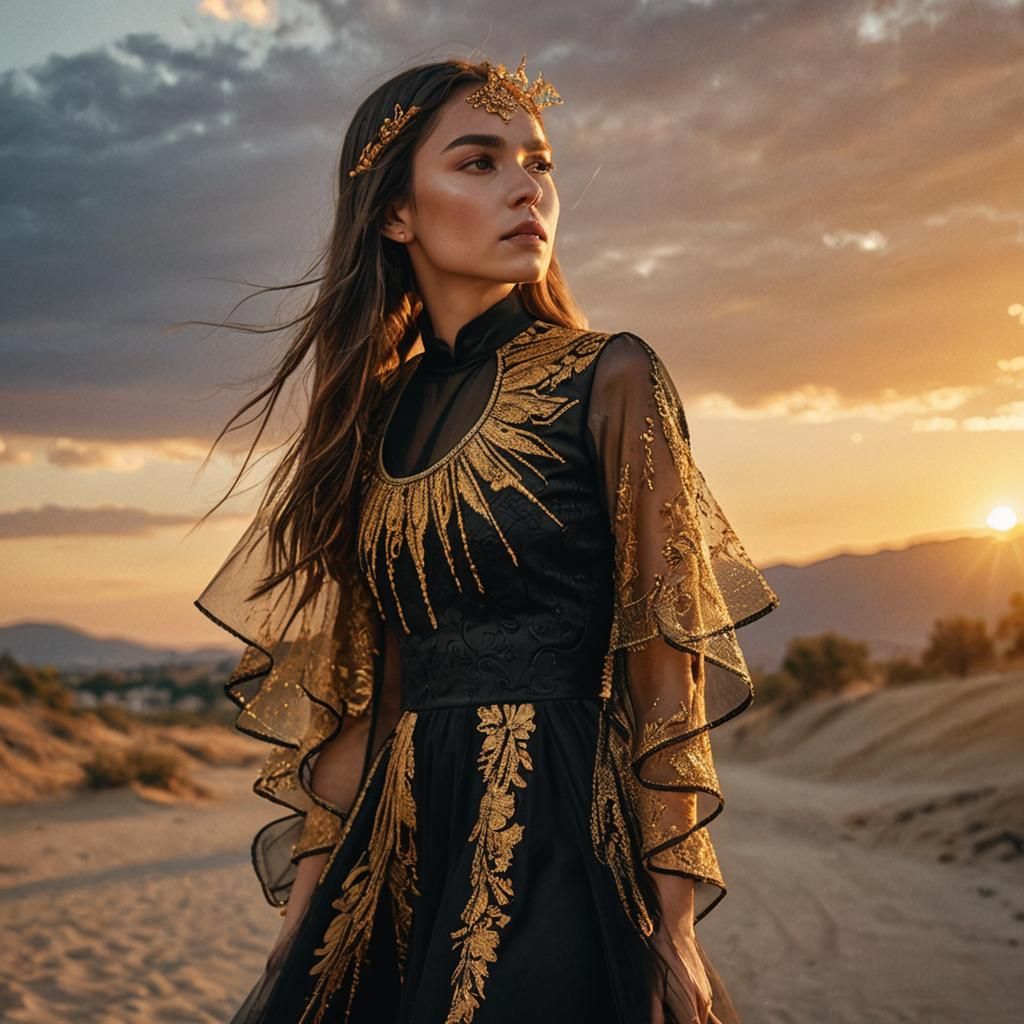 Golden Sun Dress in Gradient Sunset, High-Fashion Photograph...