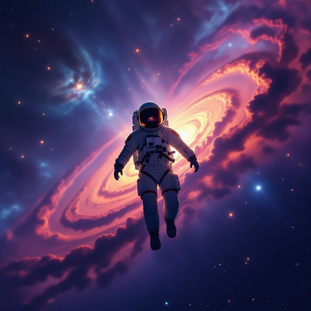 Astronaut Silhouette in Starry Nebula Panorama