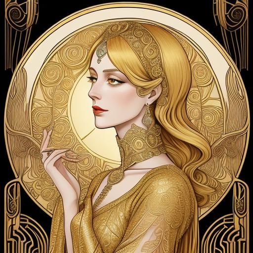 Art Deco Giraffe Woman in Gold Dress
