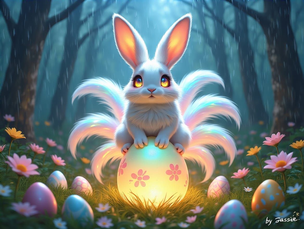 Elegant Rabbit in Vibrant Thunderstorm Scene with Easter Egg...