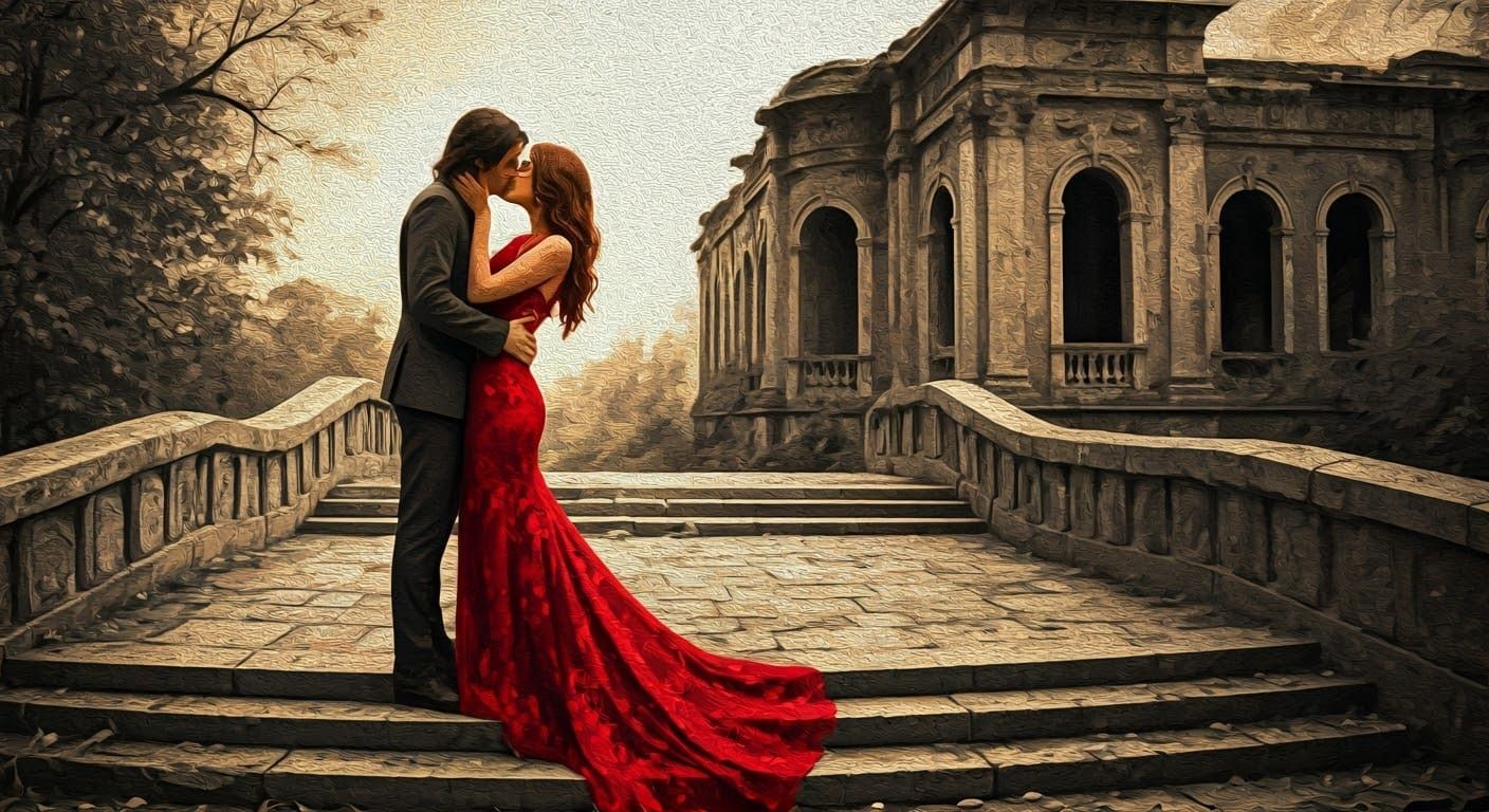 Romantic Kiss on Ancient Bridge in Vibrant Red