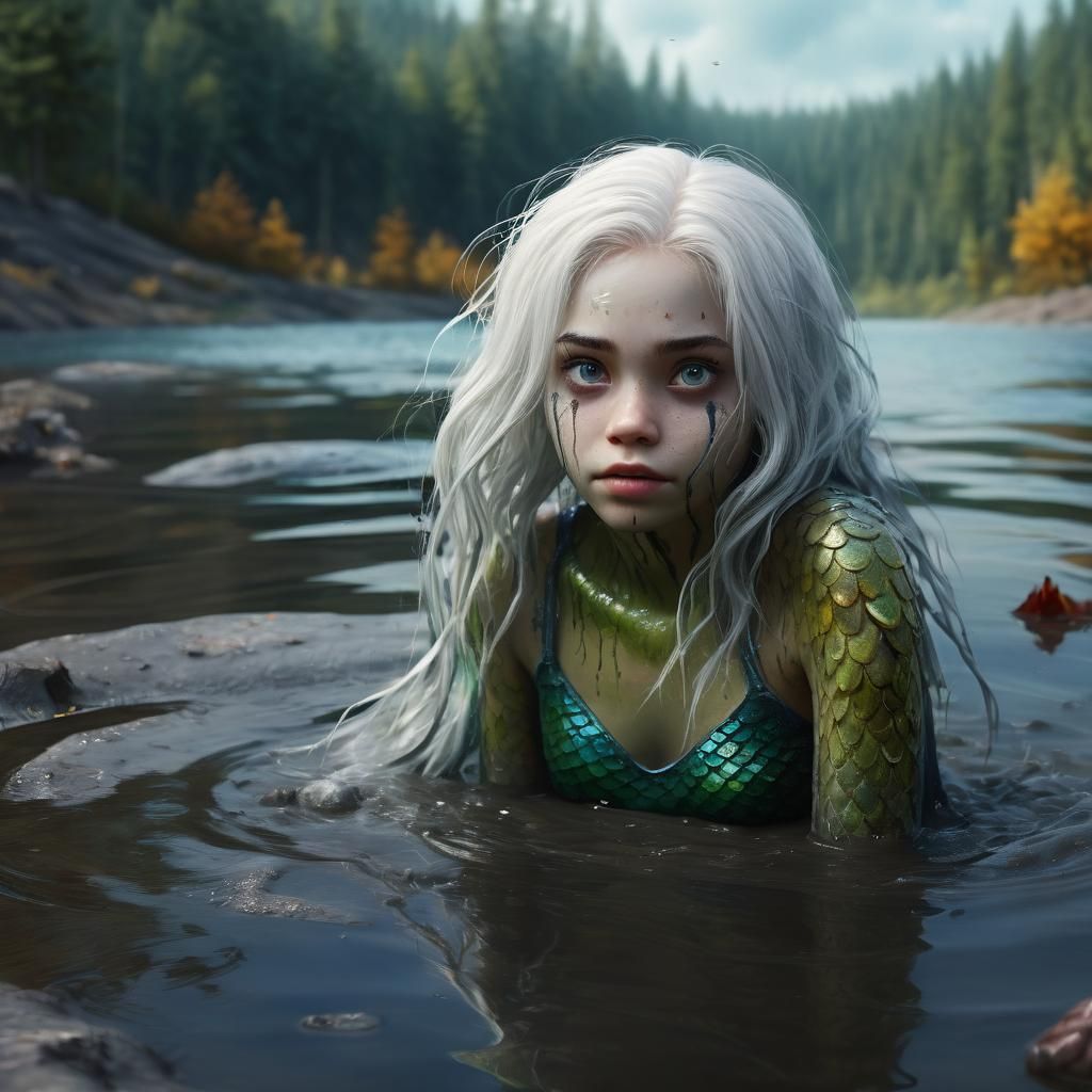 Scared Mermaid in Muddy Lake: Dark Fantasy Painting