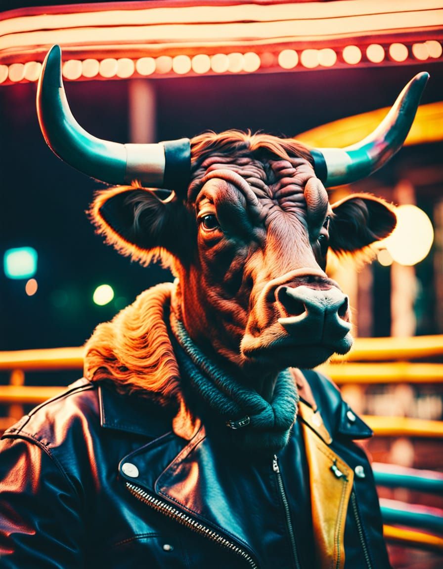 Bull-Headed Man on Rollercoaster: 1980s Polaroid