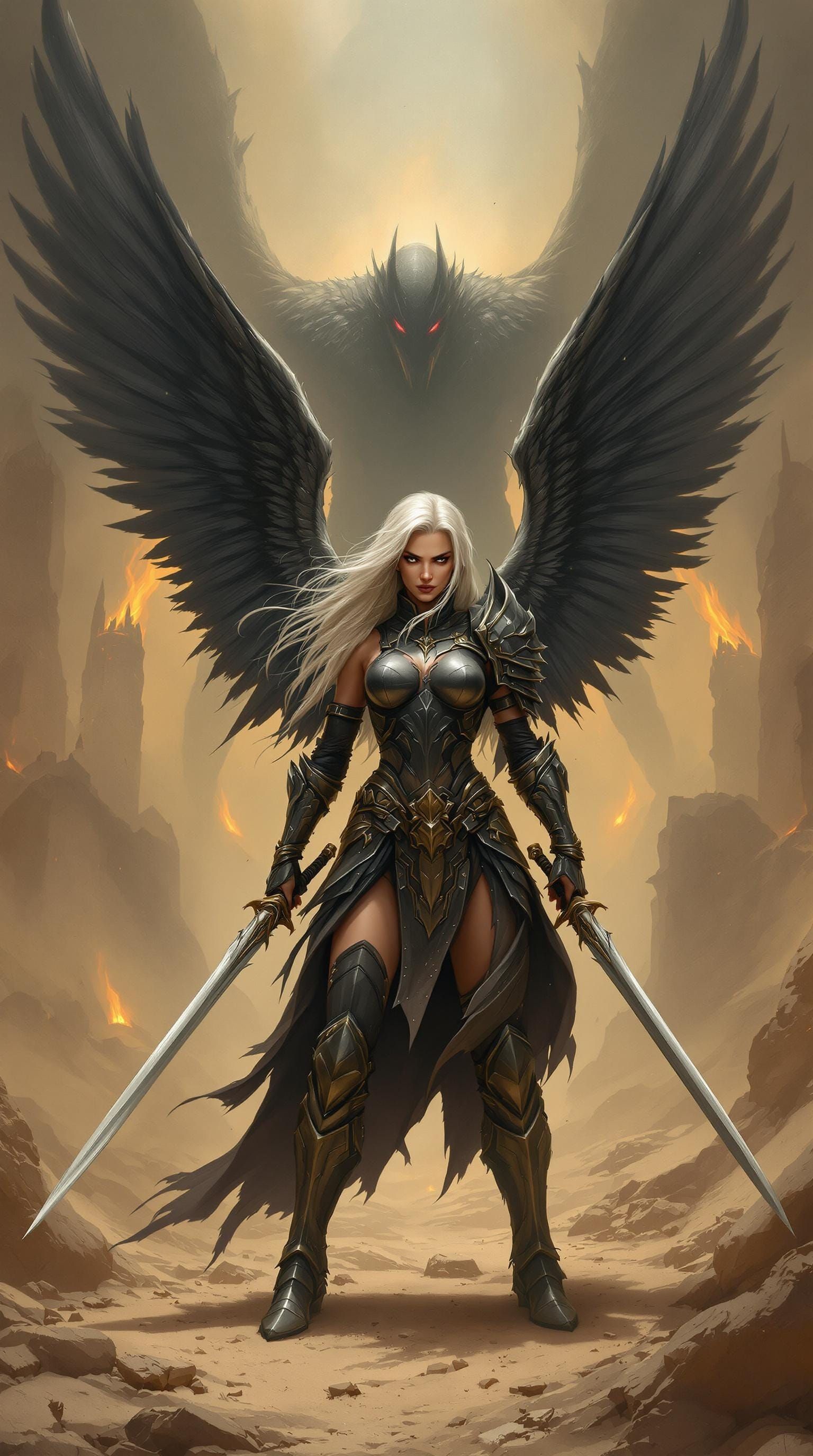 Hyperrealistic Warrior Angel in Ruined City