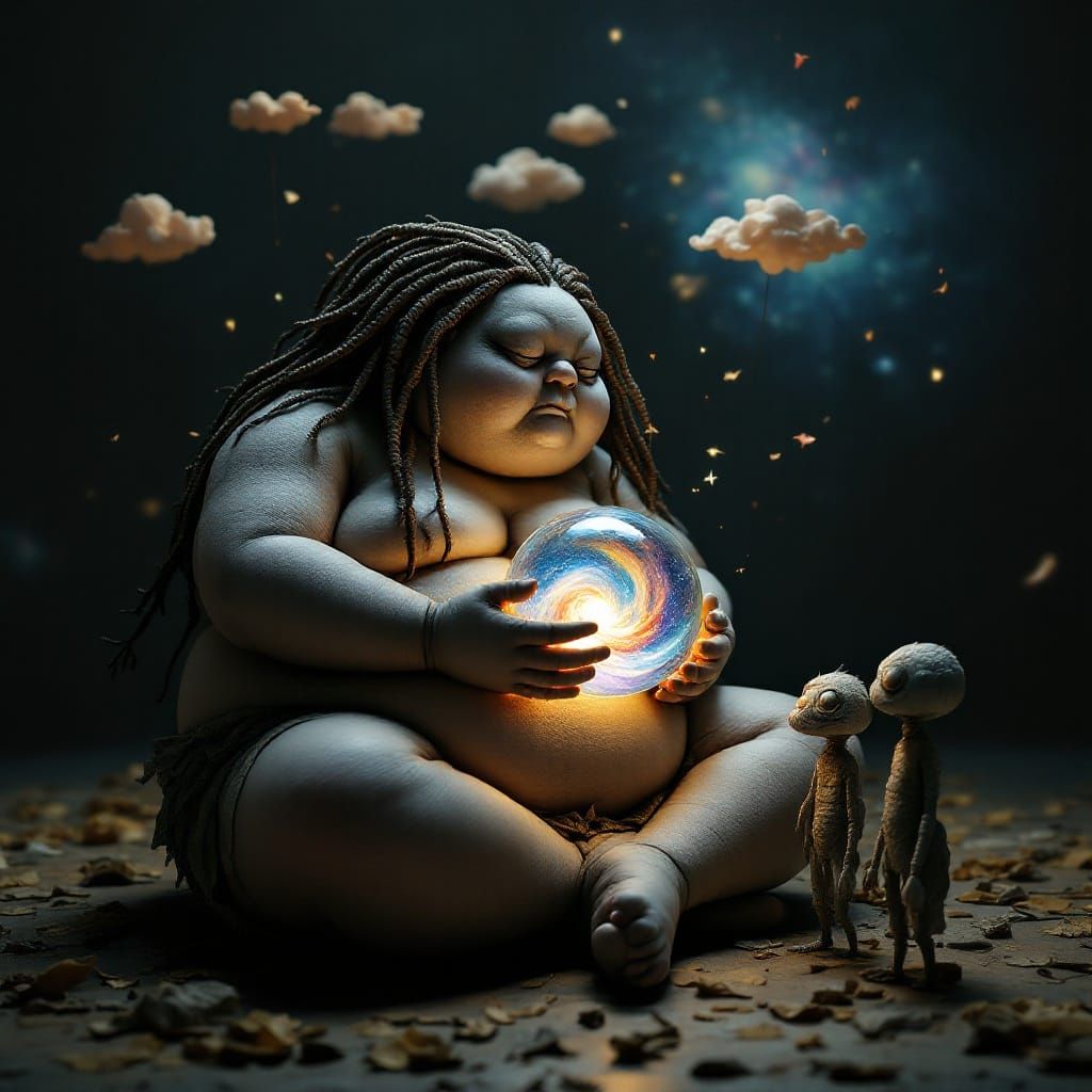Clay Puppet with Galaxy Sphere, Dreamlike Digital Art