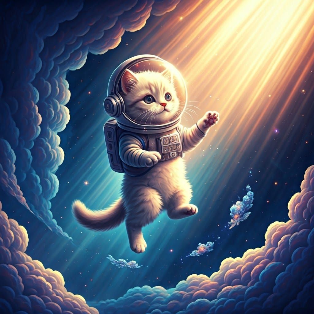 Kitten in Shimmering Galaxy, Amidst Fractal Starlight and Ra...