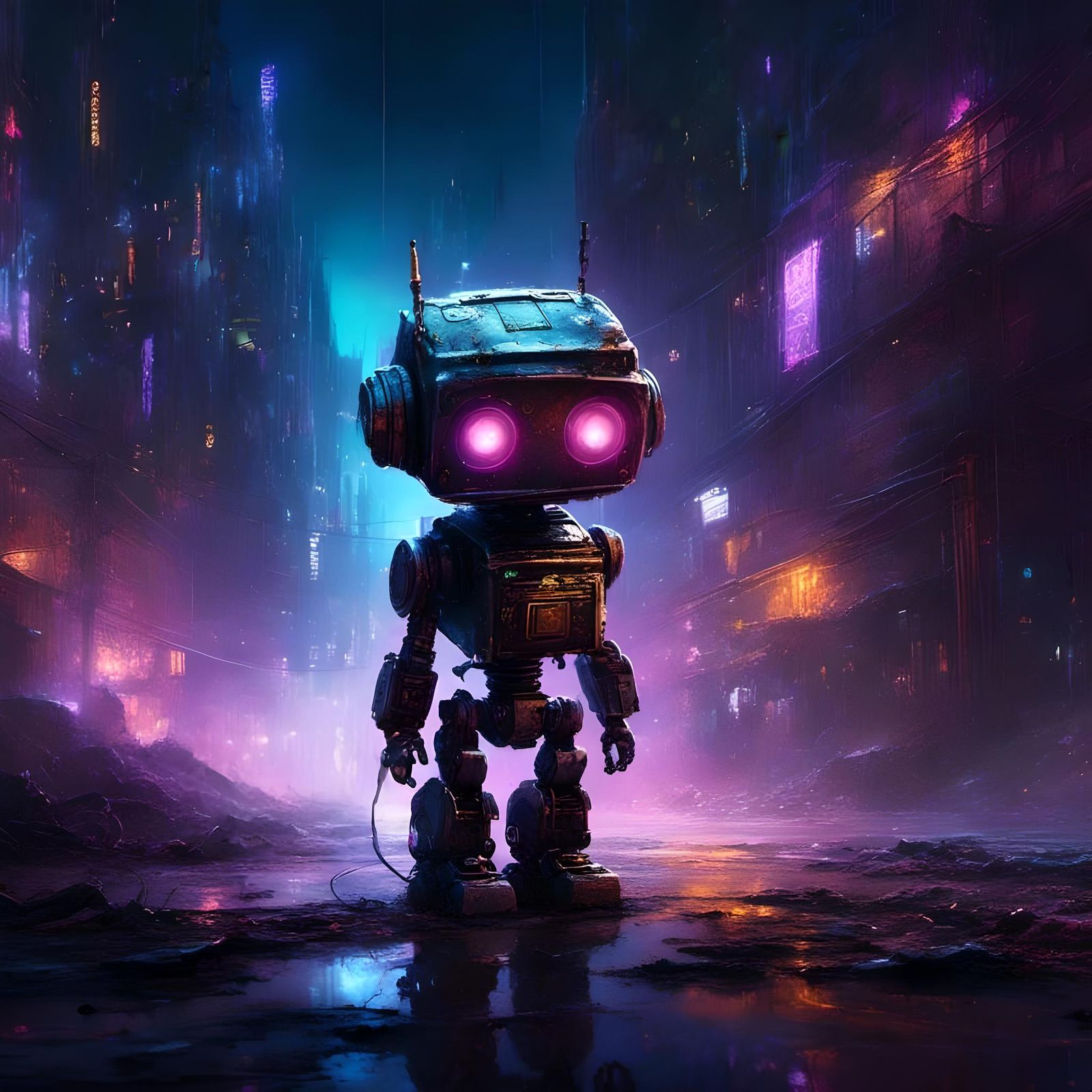 Adorable Chibi Robot in Cyberpunk City