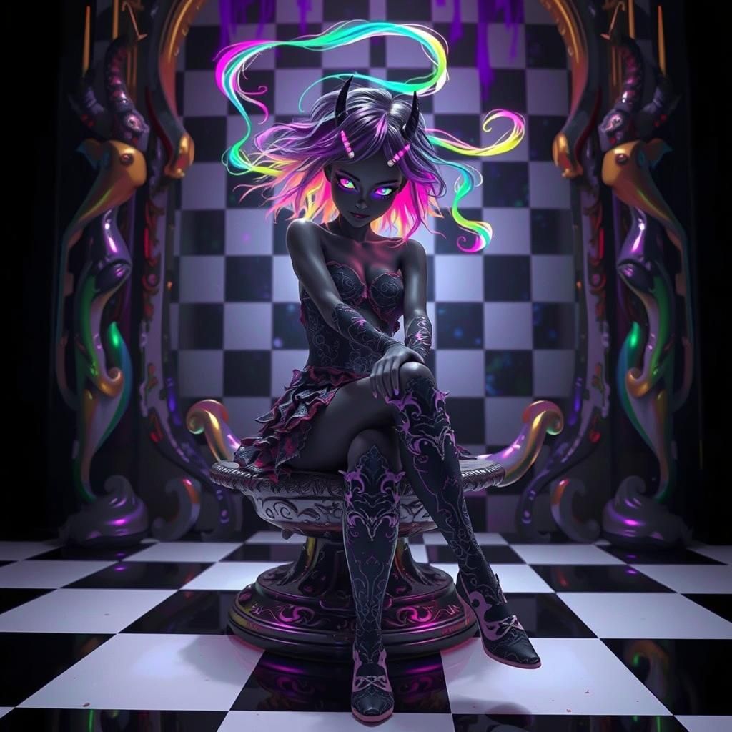 Gothic Fairy on Checkered Stool in Surreal Setting