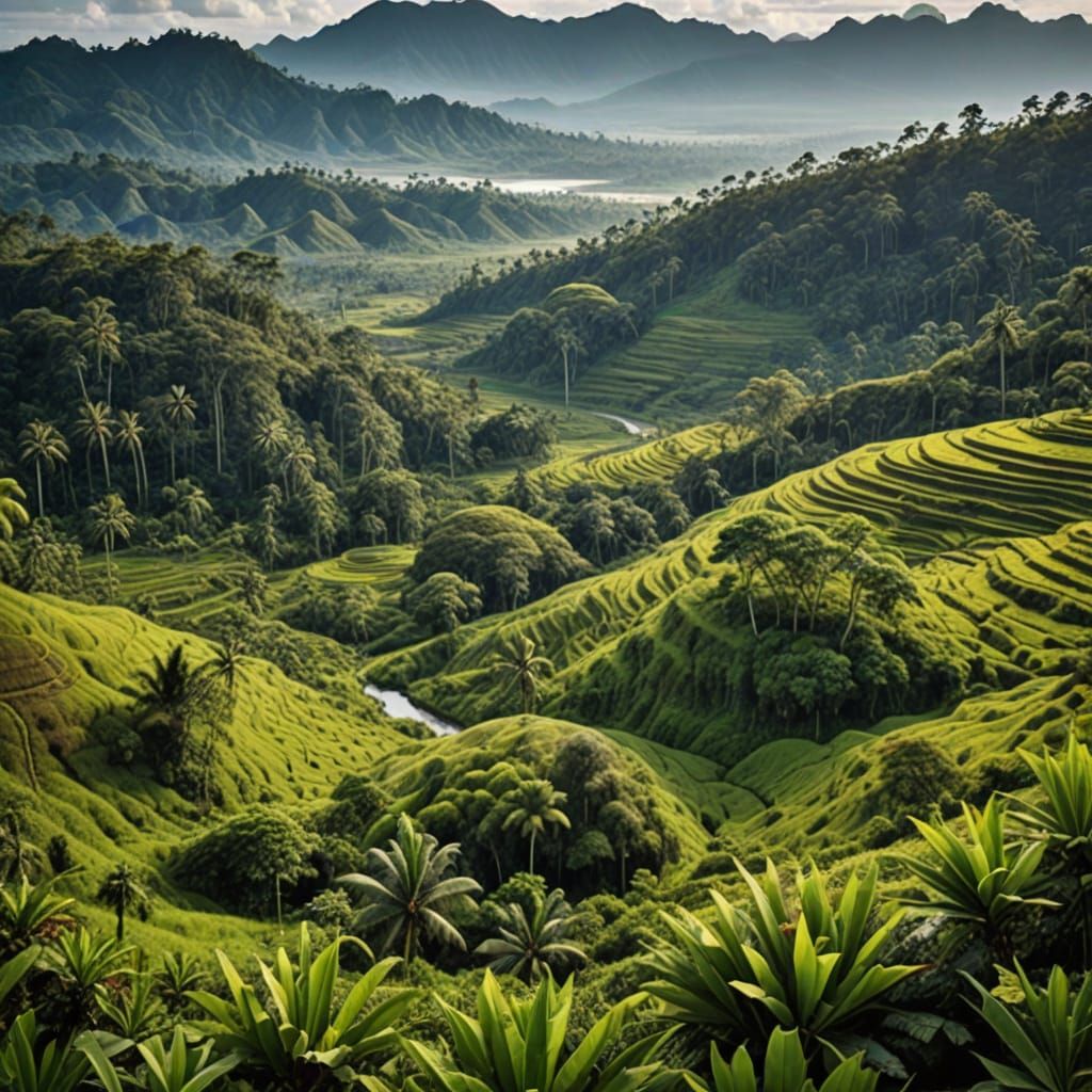 Indonesian Landscape with Wildlife and Tropical Flora