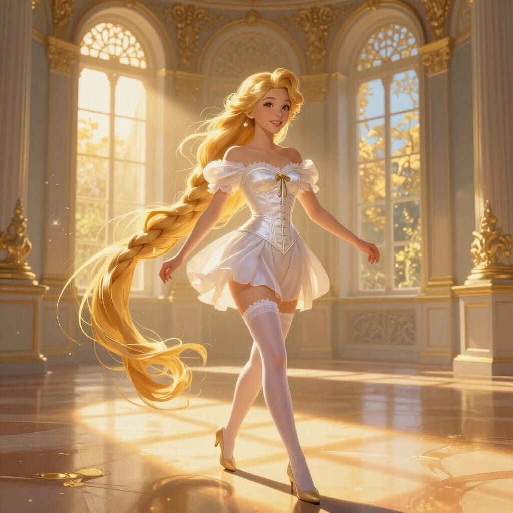 Rapunzel in White Corset and Stockings in Palace