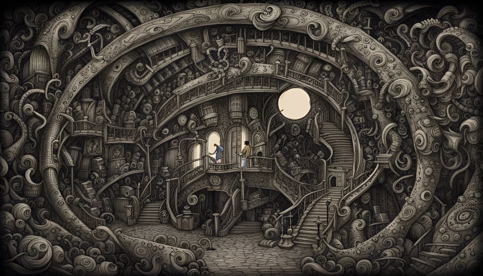 A spiraling portal into oblivion, into which thousands of items are sucked, including humans,drawn in the style of Tim B...