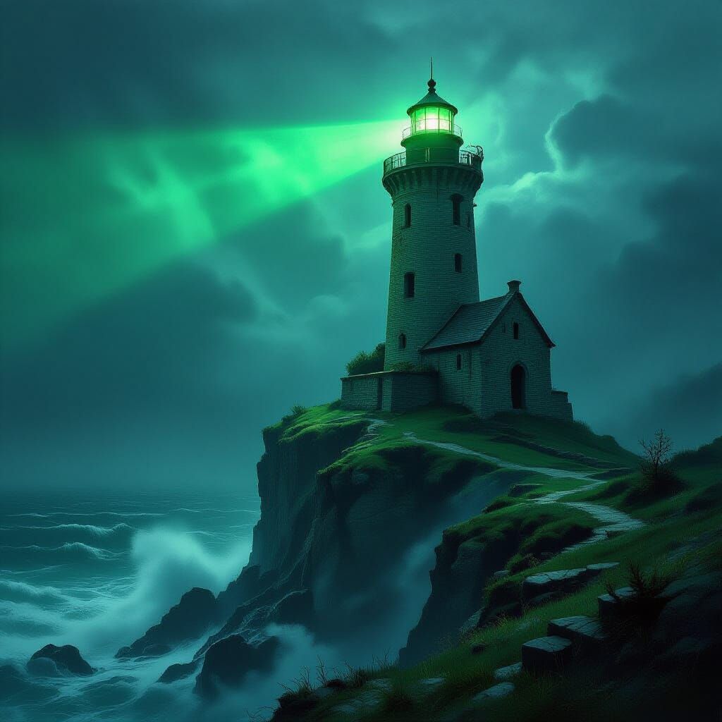 Ancient Lighthouse Beam Cuts Through Stormy Darkness