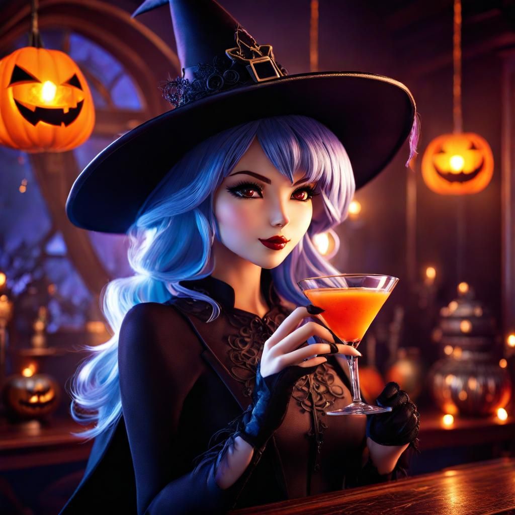 Anime Witch Sipping Cocktail in Dramatic Lighting