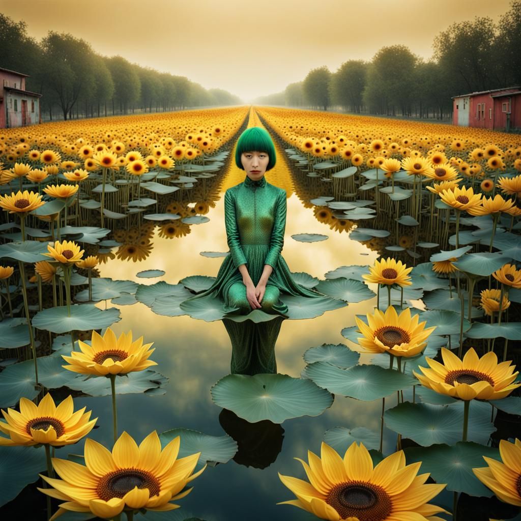 Ethereal Lotus Pond with Metallic Sunflowers